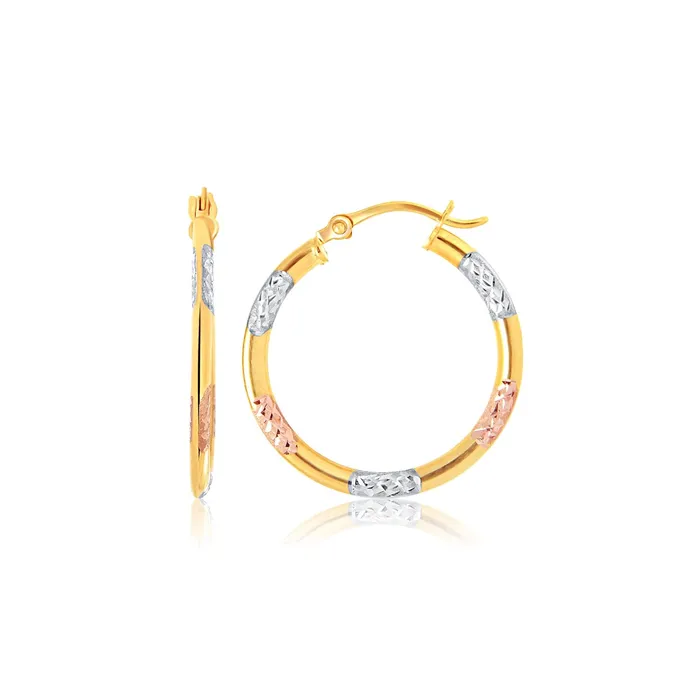 14k TriColor Gold Classic Hoop Earrings with Diamond Cut Details MayaMila Earrings 14k TriColor Gold Classic Hoop Earrings with Diamond Cut Details MayaMila Earrings