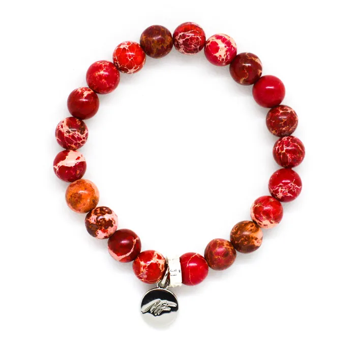 Bracelets MF Hued Red Jasper Flat Silver Bead Bracelet 8 MM