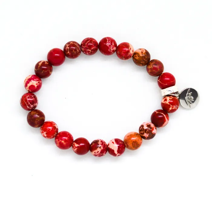 Bracelets MF Hued Red Jasper Flat Silver Bead Bracelet 8 MM