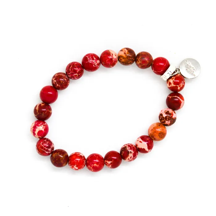 Bracelets MF Hued Red Jasper Flat Silver Bead Bracelet 8 MM