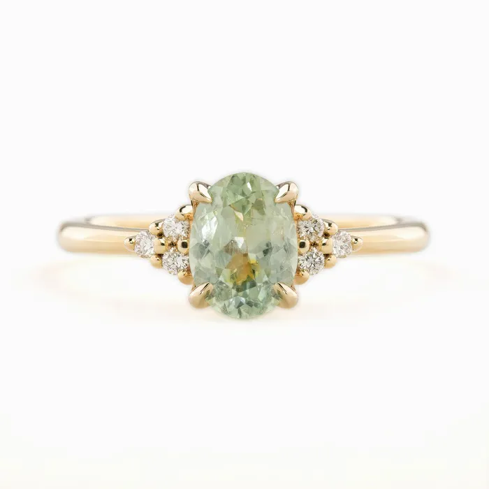 Envero Jewelry Rings Teresa Ring 131ct Light Green Montana Sapphire 14k Yellow Gold One of a kind