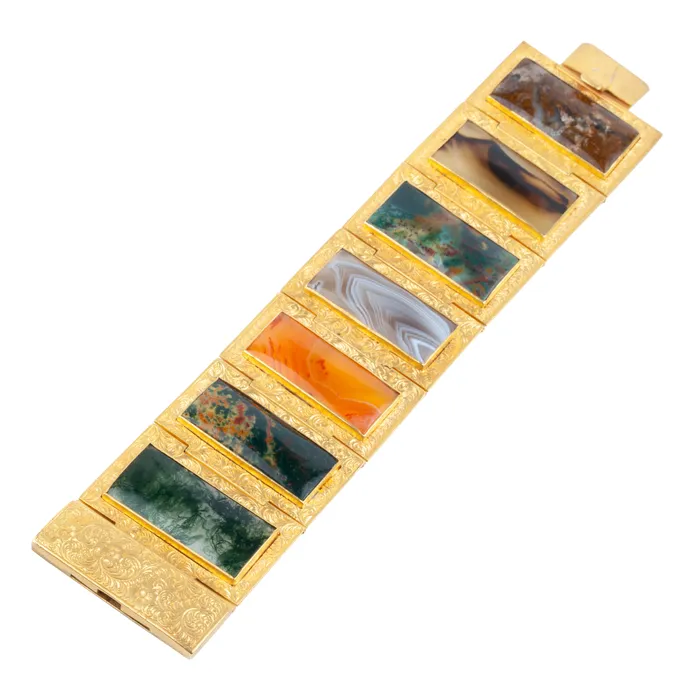 Bell Bird Antiques Victorian Era Gilded Metal Agate Specimen Bracelet Bracelets