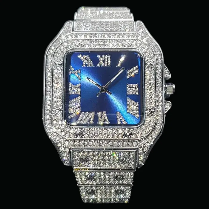 BLUE Rings Square Blue Dial VVS Numerals Iced Out Diamond Watch