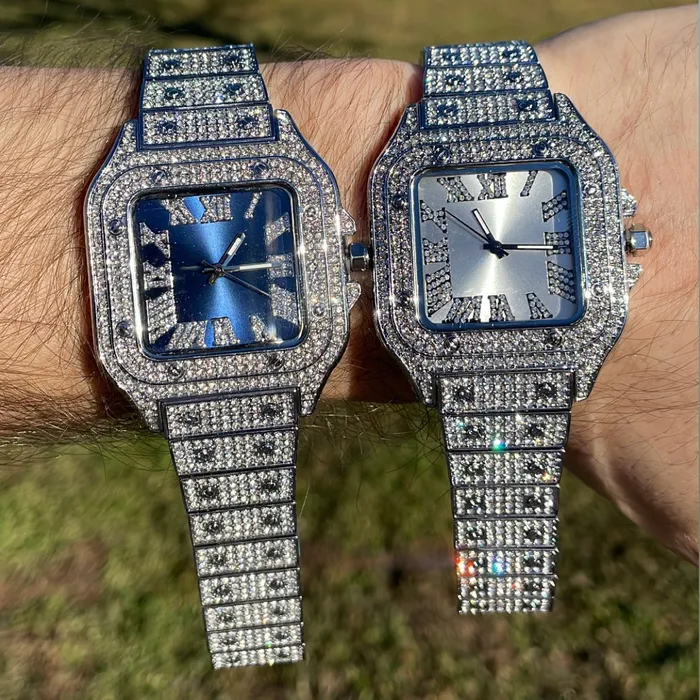 BLUE Rings Square Blue Dial VVS Numerals Iced Out Diamond Watch