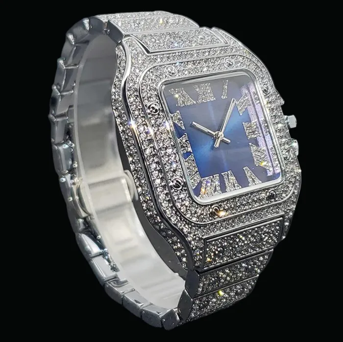 BLUE Rings Square Blue Dial VVS Numerals Iced Out Diamond Watch