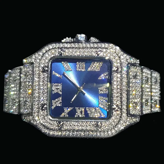 BLUE Rings Square Blue Dial VVS Numerals Iced Out Diamond Watch