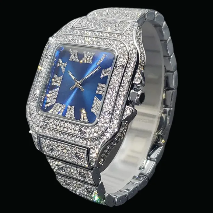 BLUE Rings Square Blue Dial VVS Numerals Iced Out Diamond Watch