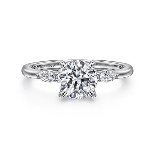 Dela 14K White Gold Round Three Stone Diamond Engagement Ring Setting Only GABRIEL CO Rings Dela 14K White Gold Round Three Stone Diamond Engagement Ring Setting Only GABRIEL CO Rings