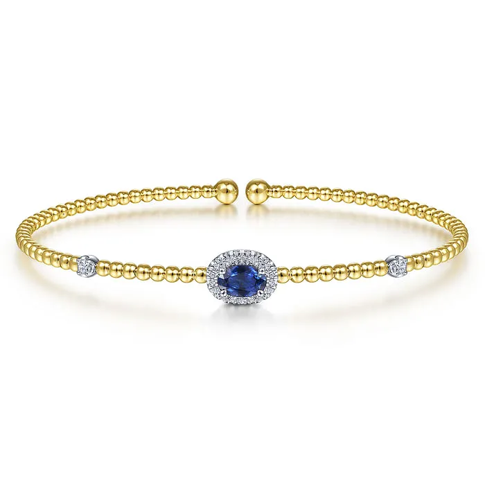 GABRIEL CO 14K WhiteYellow Gold Bujukan Bead Cuff Bracelet with Sapphire and Diamond Halo Station Bracelets GABRIEL CO 14K WhiteYellow Gold Bujukan Bead Cuff Bracelet with Sapphire and Diamond Halo Station Bracelets