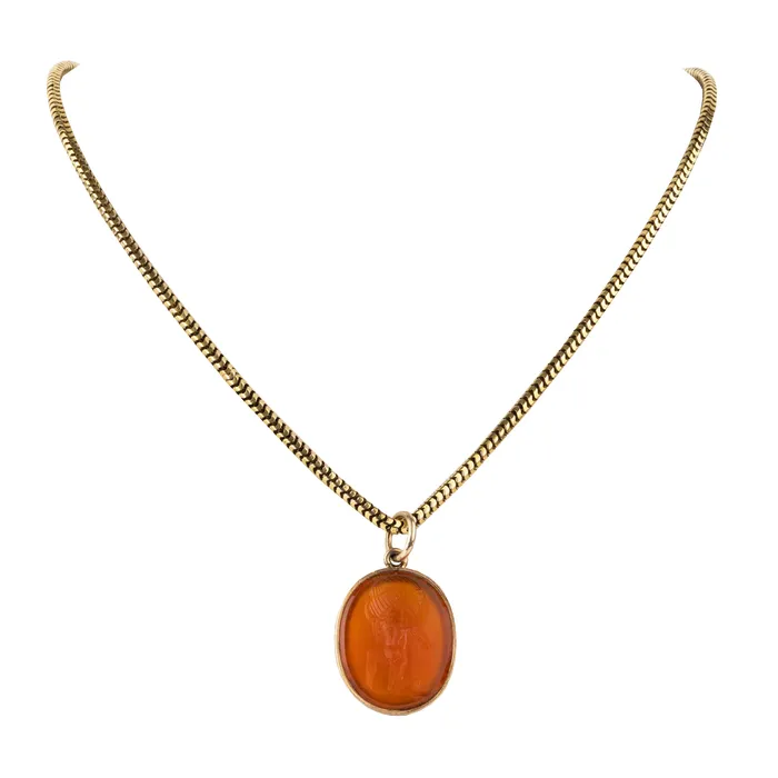 Necklaces Victorian Era Carved Carnelian Atlas Intaglio Pendant Bell Bird Antiques