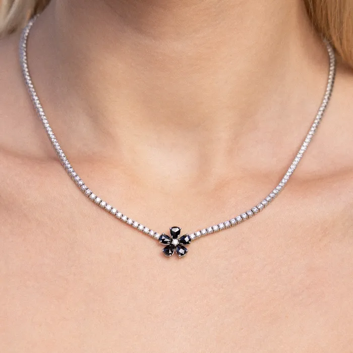Polachecks Collection Tennis Necklace with Black Diamond Flower Necklaces