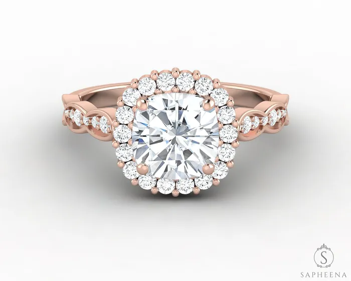 Sapheena Jewelry Noya 17 Ct Cushion Cut Halo Engagement Ring with Side Stones Rings