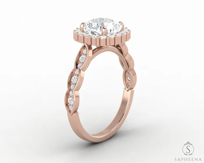 Sapheena Jewelry Noya 17 Ct Cushion Cut Halo Engagement Ring with Side Stones Rings