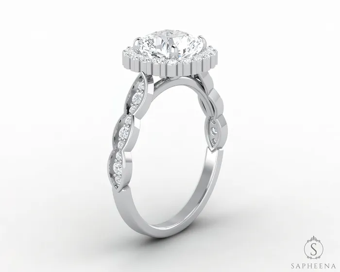 Sapheena Jewelry Noya 17 Ct Cushion Cut Halo Engagement Ring with Side Stones Rings