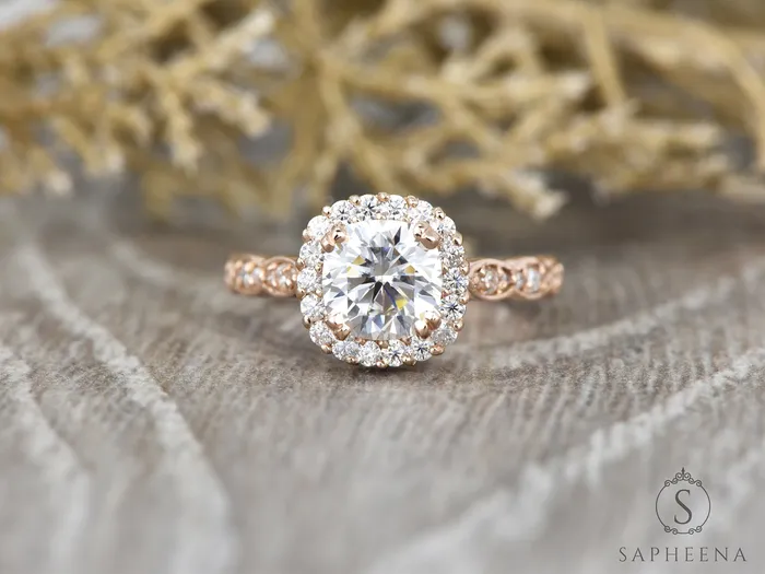 Sapheena Jewelry Noya 17 Ct Cushion Cut Halo Engagement Ring with Side Stones Rings