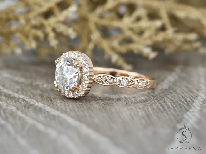 Sapheena Jewelry Noya 17 Ct Cushion Cut Halo Engagement Ring with Side Stones Rings