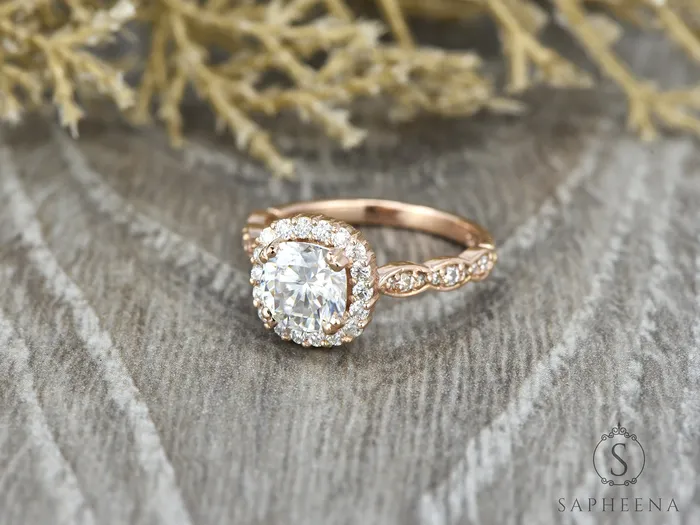 Sapheena Jewelry Noya 17 Ct Cushion Cut Halo Engagement Ring with Side Stones Rings