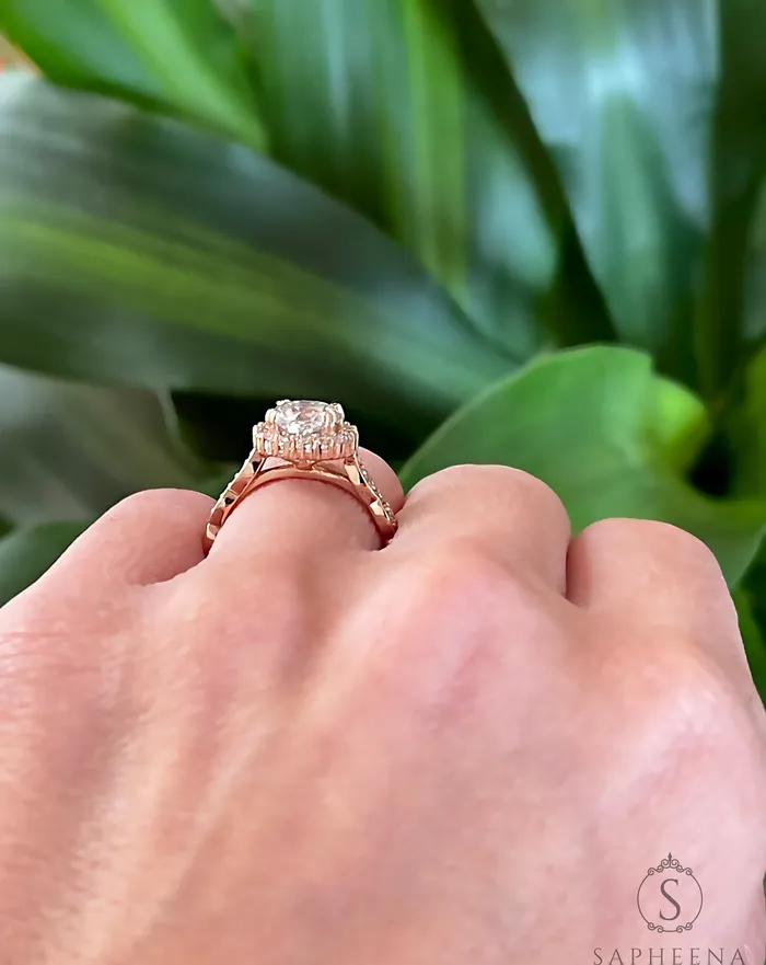 Sapheena Jewelry Noya 17 Ct Cushion Cut Halo Engagement Ring with Side Stones Rings