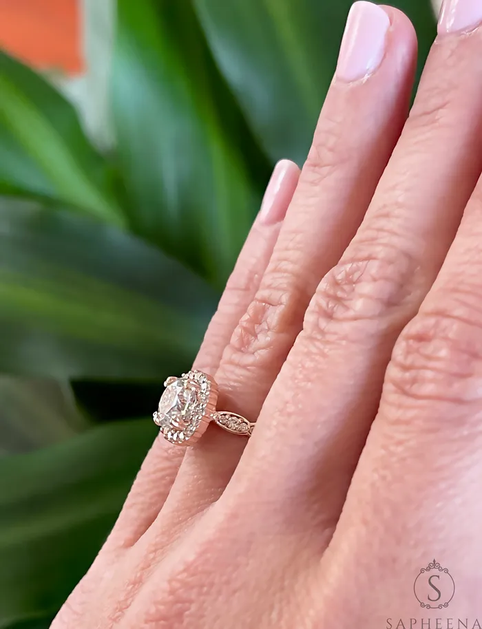 Sapheena Jewelry Noya 17 Ct Cushion Cut Halo Engagement Ring with Side Stones Rings