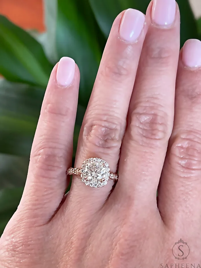 Sapheena Jewelry Noya 17 Ct Cushion Cut Halo Engagement Ring with Side Stones Rings