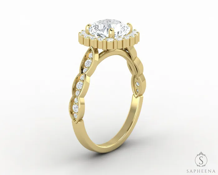 Sapheena Jewelry Noya 17 Ct Cushion Cut Halo Engagement Ring with Side Stones Rings