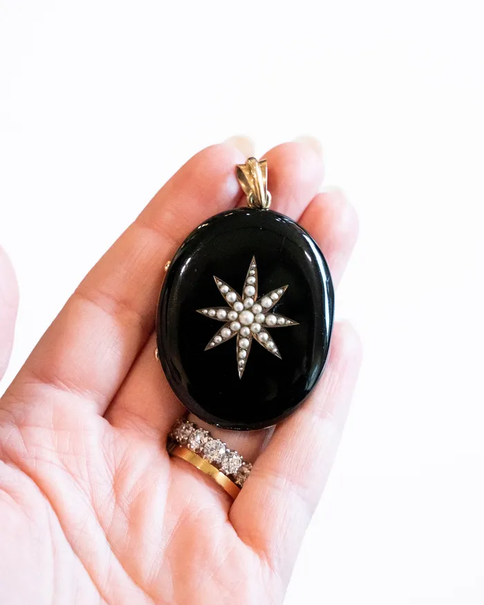 Victorian Era Black Enamel and Pearl Starburst Locket Bell Bird Antiques Necklaces
