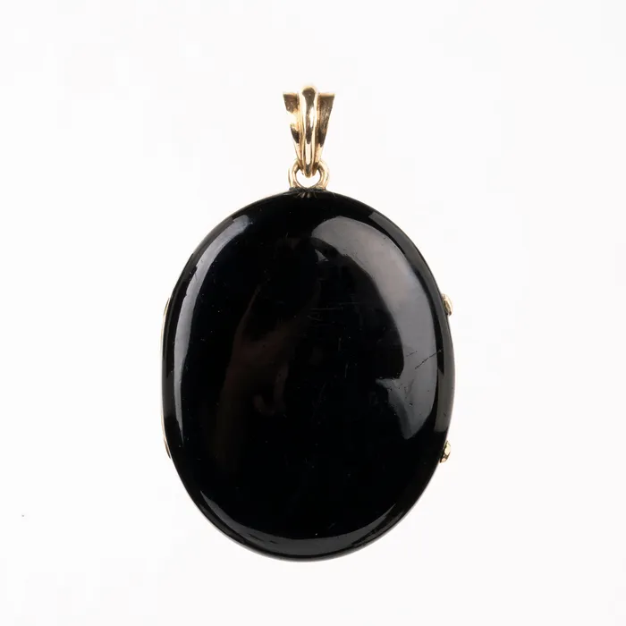 Victorian Era Black Enamel and Pearl Starburst Locket Bell Bird Antiques Necklaces