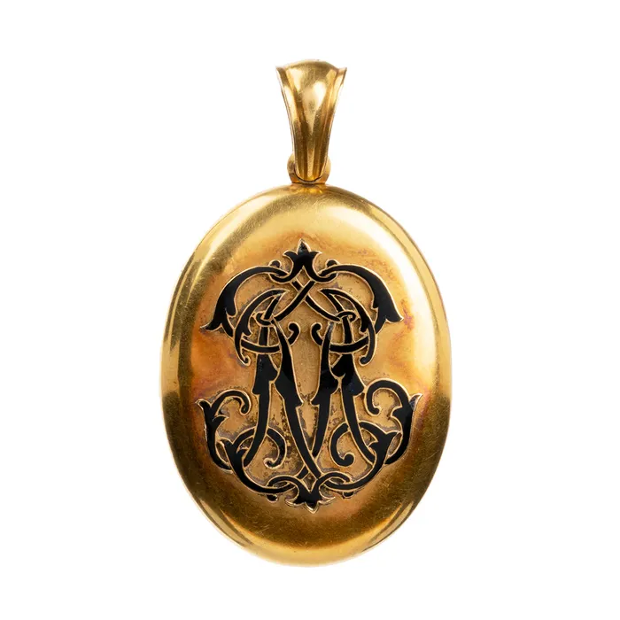 Victorian Era Enamel Monogram 18k Gold Locket with CC Bell Bird Antiques Necklaces Victorian Era Enamel Monogram 18k Gold Locket with CC Bell Bird Antiques Necklaces