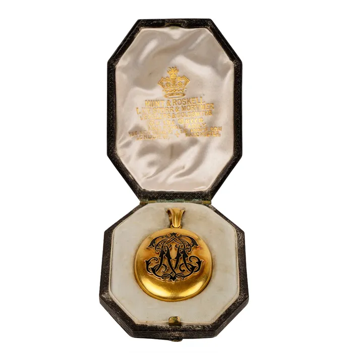 Victorian Era Enamel Monogram 18k Gold Locket with CC Bell Bird Antiques Necklaces