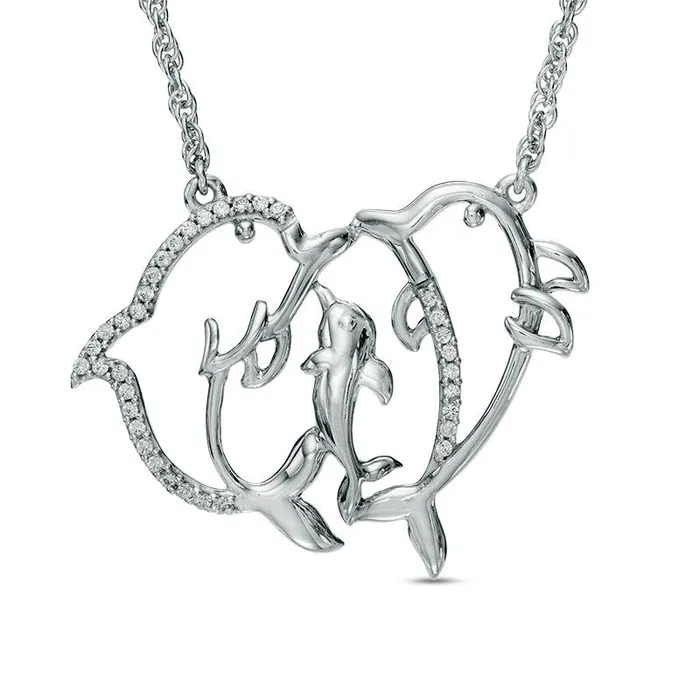01 CT TW Natural Diamond Dolphin Family Necklace in Sterling Silver 17 Goldia Necklaces 01 CT TW Natural Diamond Dolphin Family Necklace in Sterling Silver 17 Goldia Necklaces