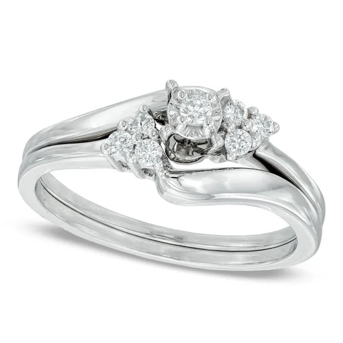 017 CT TW Natural Diamond Three Stone Slant Bridal Engagement Ring Set in Solid 10K White Gold Goldia Rings 017 CT TW Natural Diamond Three Stone Slant Bridal Engagement Ring Set in Solid 10K White Gold Goldia Rings