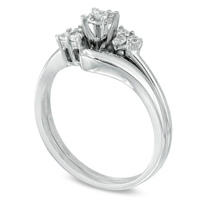 017 CT TW Natural Diamond Three Stone Slant Bridal Engagement Ring Set in Solid 10K White Gold Goldia Rings 017 CT TW Natural Diamond Three Stone Slant Bridal Engagement Ring Set in Solid 10K White Gold Goldia Rings