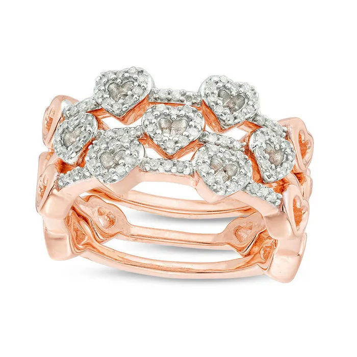 033 CT TW Natural Diamond Heart Outline Three Piece Stackable Band Set in Sterling Silver with Solid 14K Rose Gold Plate Goldia Rings 033 CT TW Natural Diamond Heart Outline Three Piece Stackable Band Set in Sterling Silver with Solid 14K Rose Gold Plate Goldia Rings