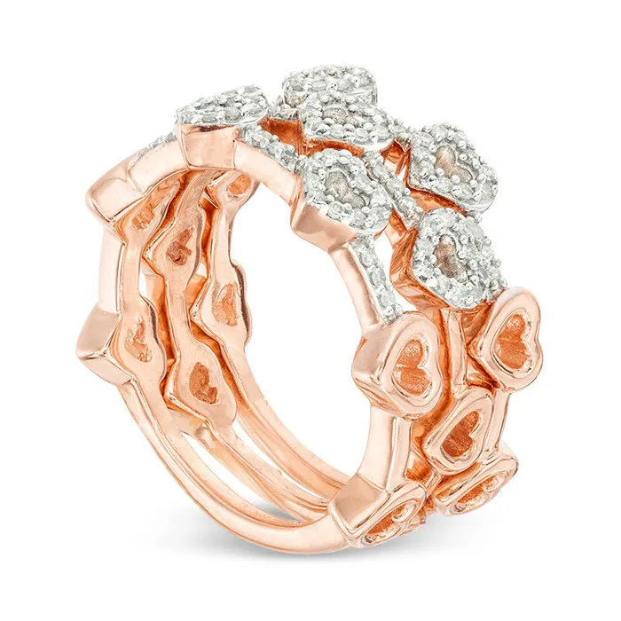 033 CT TW Natural Diamond Heart Outline Three Piece Stackable Band Set in Sterling Silver with Solid 14K Rose Gold Plate Goldia Rings 033 CT TW Natural Diamond Heart Outline Three Piece Stackable Band Set in Sterling Silver with Solid 14K Rose Gold Plate Goldia Rings