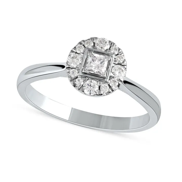 033 CT TW PrincessCut Natural Diamond Round Frame Engagement Ring in Solid 10K White Gold II3 Goldia Rings