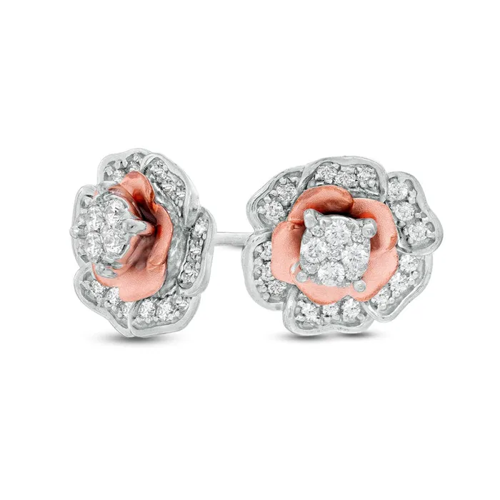 05 CT TW Composite Diamond Frame Blooming Flower Stud Earrings in 10K TwoTone Gold Goldia Earrings 05 CT TW Composite Diamond Frame Blooming Flower Stud Earrings in 10K TwoTone Gold Goldia Earrings