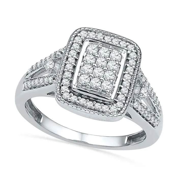 050 CT TW Natural Diamond Rectangular Cluster Frame Ring in Solid 10K White Gold Goldia Rings