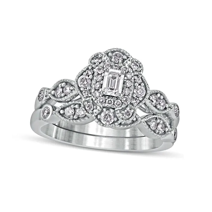 063 CT TW EmeraldCut Natural Diamond Double Petal Frame Antique VintageStyle Bridal Engagement Ring Set in Solid 10K White Gold Goldia Rings 063 CT TW EmeraldCut Natural Diamond Double Petal Frame Antique VintageStyle Bridal Engagement Ring Set in Solid 10K White Gold Goldia Rings