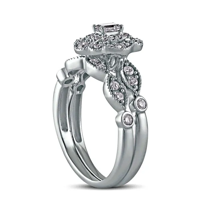 063 CT TW EmeraldCut Natural Diamond Double Petal Frame Antique VintageStyle Bridal Engagement Ring Set in Solid 10K White Gold Goldia Rings 063 CT TW EmeraldCut Natural Diamond Double Petal Frame Antique VintageStyle Bridal Engagement Ring Set in Solid 10K White Gold Goldia Rings