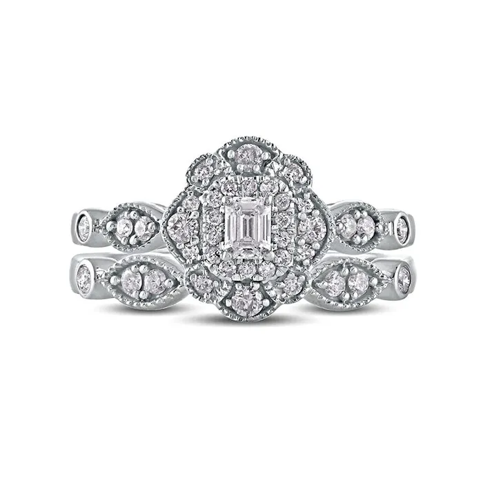 063 CT TW EmeraldCut Natural Diamond Double Petal Frame Antique VintageStyle Bridal Engagement Ring Set in Solid 10K White Gold Goldia Rings 063 CT TW EmeraldCut Natural Diamond Double Petal Frame Antique VintageStyle Bridal Engagement Ring Set in Solid 10K White Gold Goldia Rings