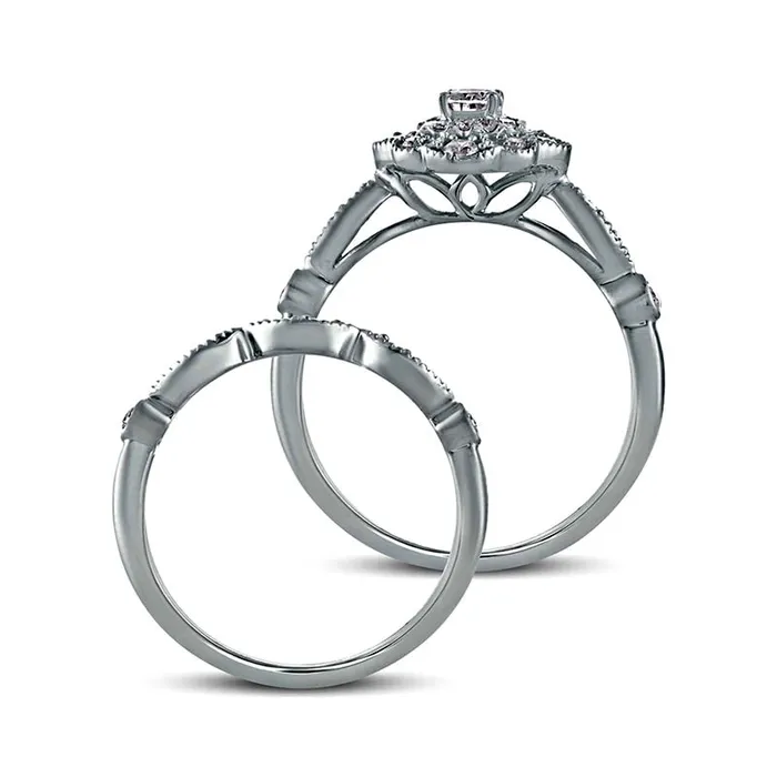 063 CT TW EmeraldCut Natural Diamond Double Petal Frame Antique VintageStyle Bridal Engagement Ring Set in Solid 10K White Gold Goldia Rings 063 CT TW EmeraldCut Natural Diamond Double Petal Frame Antique VintageStyle Bridal Engagement Ring Set in Solid 10K White Gold Goldia Rings