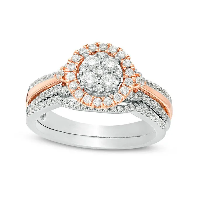 063 CT TW Quad Natural Diamond Frame MultiRow Bridal Engagement Ring Set in Solid 10K TwoTone Gold Goldia Rings 063 CT TW Quad Natural Diamond Frame MultiRow Bridal Engagement Ring Set in Solid 10K TwoTone Gold Goldia Rings