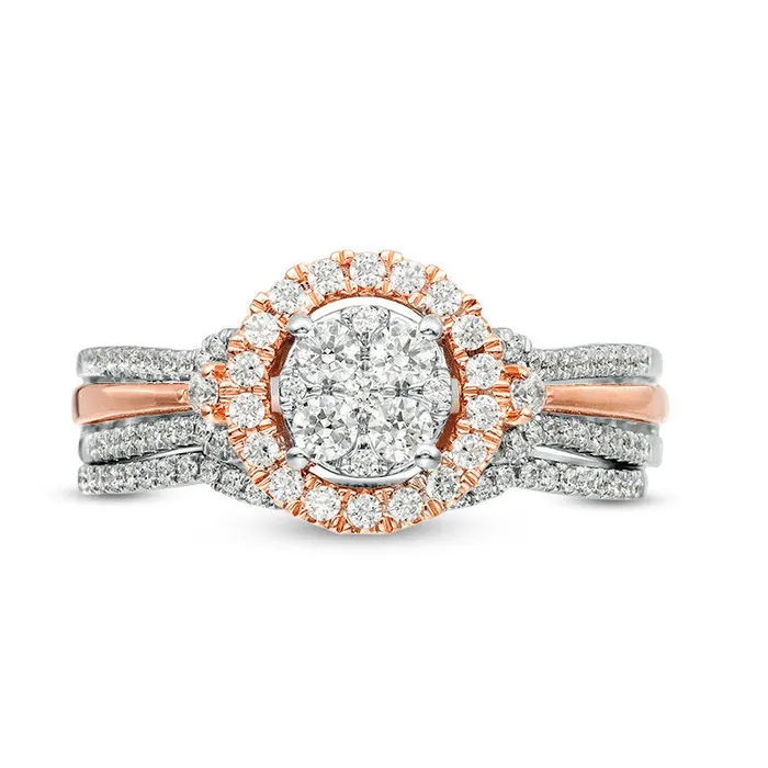 063 CT TW Quad Natural Diamond Frame MultiRow Bridal Engagement Ring Set in Solid 10K TwoTone Gold Goldia Rings 063 CT TW Quad Natural Diamond Frame MultiRow Bridal Engagement Ring Set in Solid 10K TwoTone Gold Goldia Rings