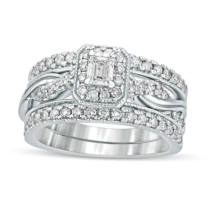 10 CT TW EmeraldCut Natural Diamond Frame Twist Shank Antique VintageStyle Bridal Engagement Ring Set in Solid 14K White Gold Goldia Rings 10 CT TW EmeraldCut Natural Diamond Frame Twist Shank Antique VintageStyle Bridal Engagement Ring Set in Solid 14K White Gold Goldia Rings