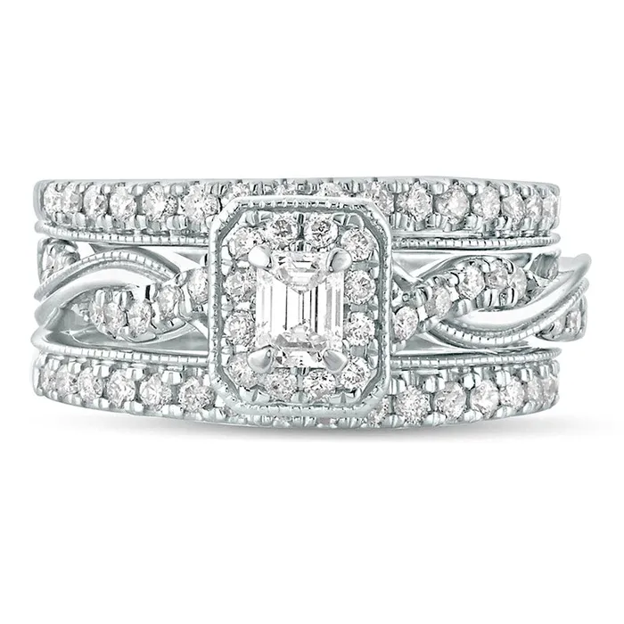 10 CT TW EmeraldCut Natural Diamond Frame Twist Shank Antique VintageStyle Bridal Engagement Ring Set in Solid 14K White Gold Goldia Rings 10 CT TW EmeraldCut Natural Diamond Frame Twist Shank Antique VintageStyle Bridal Engagement Ring Set in Solid 14K White Gold Goldia Rings