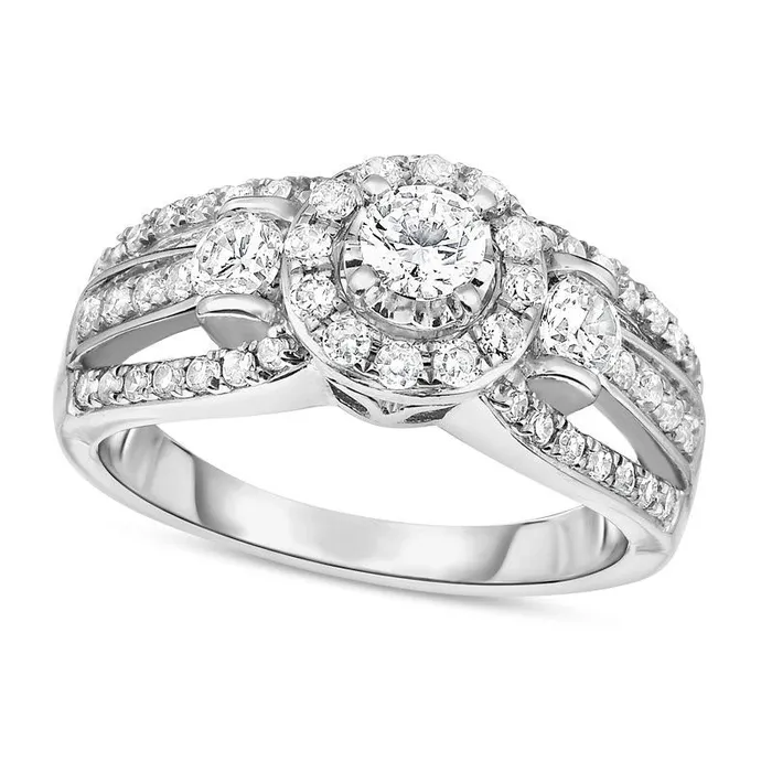 10 CT TW Natural Diamond Three Stone Frame MultiRow Split Shank Engagement Ring in Solid 14K White Gold Goldia Rings 10 CT TW Natural Diamond Three Stone Frame MultiRow Split Shank Engagement Ring in Solid 14K White Gold Goldia Rings