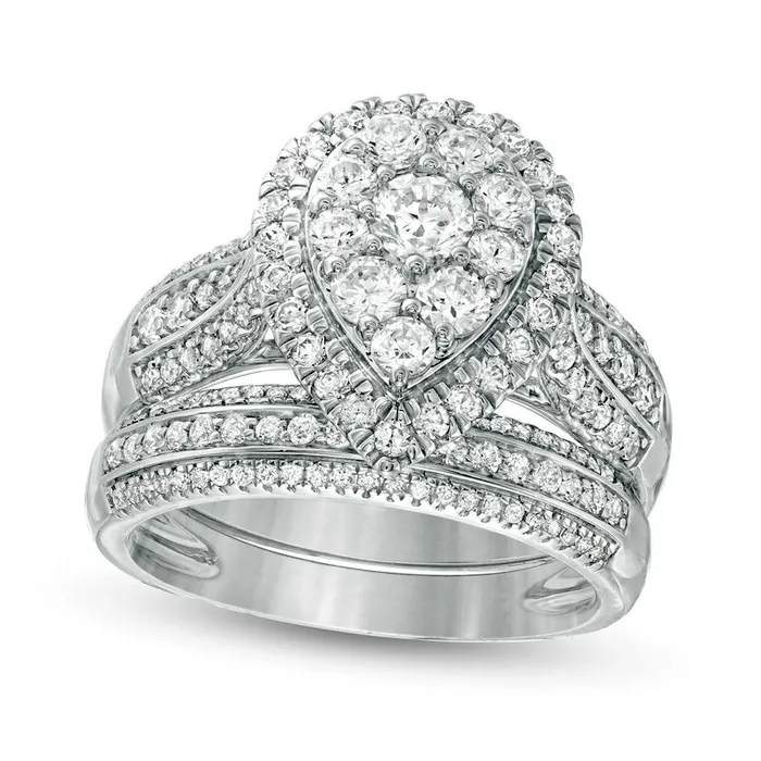15 CT TW Composite Natural Diamond PearShaped Frame MultiRow Bridal Engagement Ring Set in Solid 10K White Gold Goldia Rings 15 CT TW Composite Natural Diamond PearShaped Frame MultiRow Bridal Engagement Ring Set in Solid 10K White Gold Goldia Rings