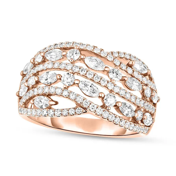 15 CT TW Marquise and Round Natural Diamond Alternating MultiRow Wave Ring in Solid 10K Rose Gold Goldia Rings 15 CT TW Marquise and Round Natural Diamond Alternating MultiRow Wave Ring in Solid 10K Rose Gold Goldia Rings