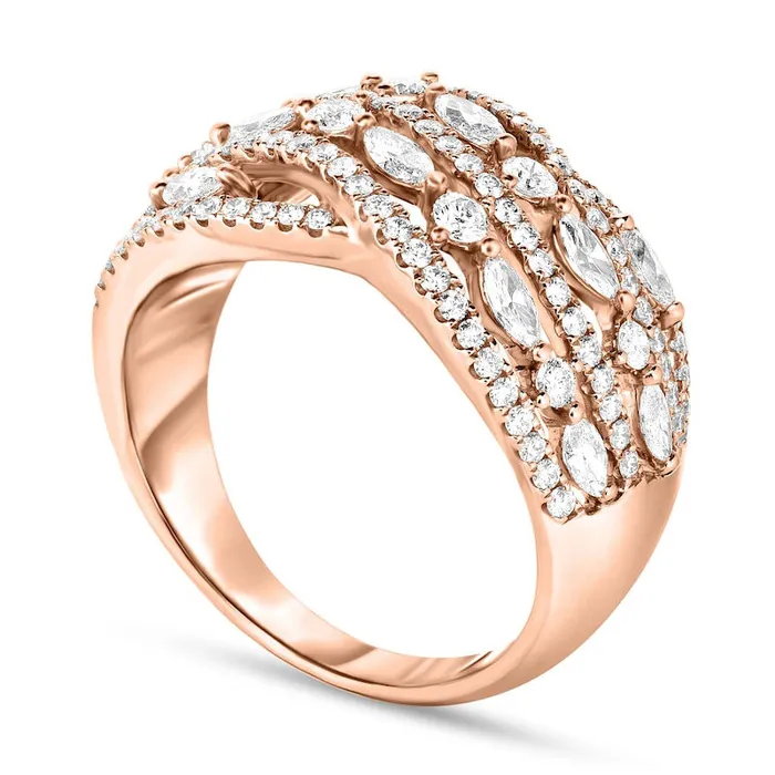 15 CT TW Marquise and Round Natural Diamond Alternating MultiRow Wave Ring in Solid 10K Rose Gold Goldia Rings 15 CT TW Marquise and Round Natural Diamond Alternating MultiRow Wave Ring in Solid 10K Rose Gold Goldia Rings