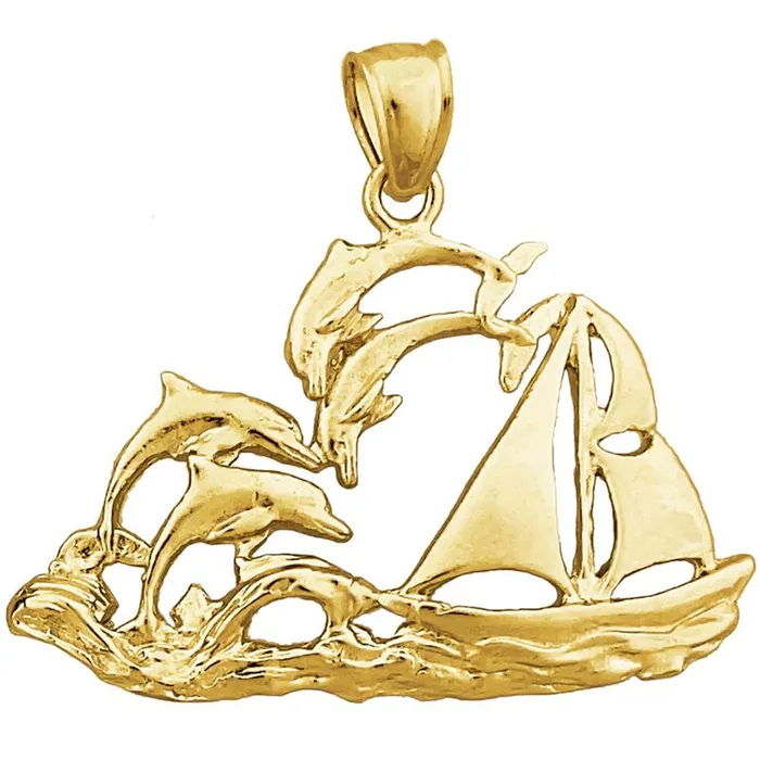 14K Gold Sailboat and Dolphins Pendant Goldia Necklaces
